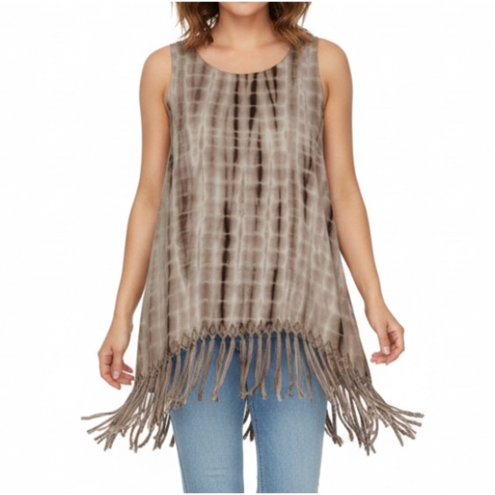 UMGEE Brown/Cream ONYX COMBO TIE DYE Sleeveless FRINGE HEM Blouse/Tunic Top Sz S